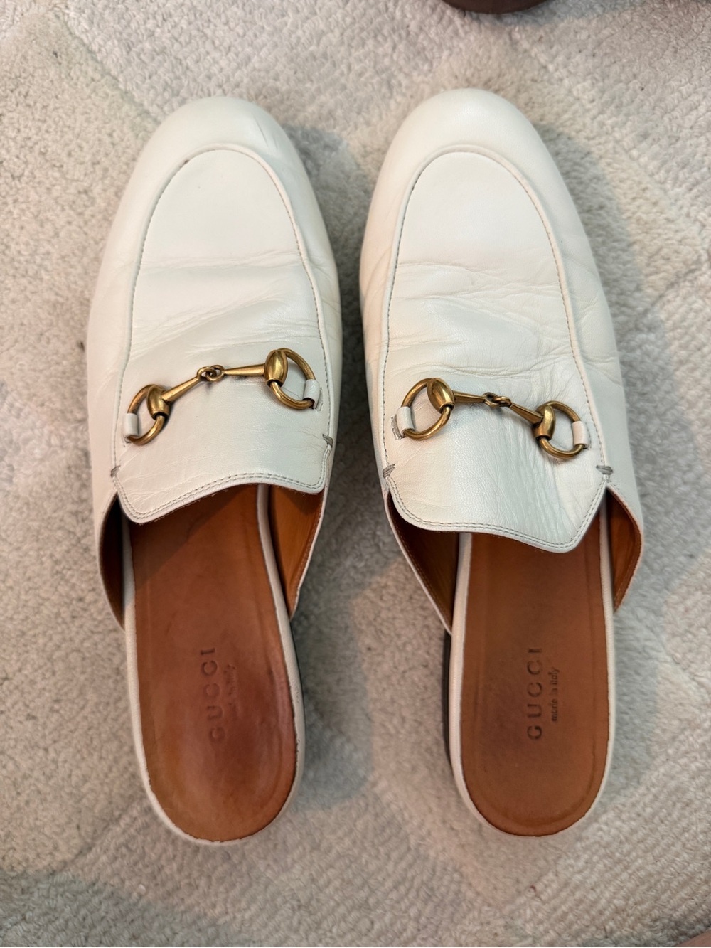 Gucci White Leather Horsebit Mules with Gold Hardware